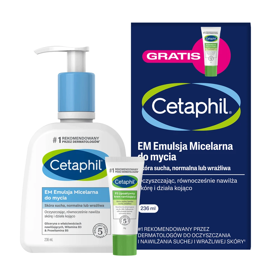Cetaphil EM, мицеллярная эмульсия для умывания, 236 мл + Cetaphil PS, липоактивный увлажняющий крем, мини-продукт, 14 г бесплатно: цены и характеристики