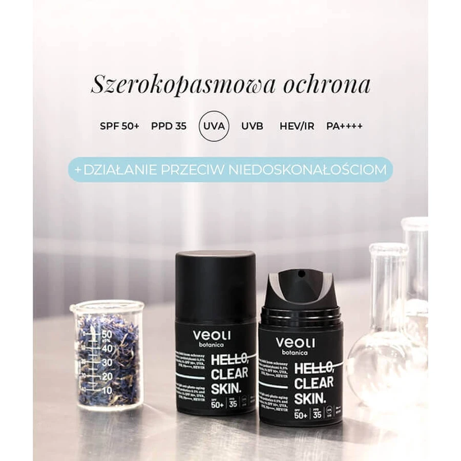 Veoli Botanica Hello, Clear Skin, крем проти фотостаріння широкого спектру дії, для шкіри з недосконалостями, SPF 50+, 50 мл: ціни та характеристики