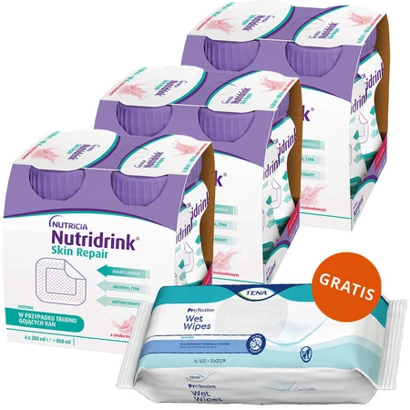 Набір Nutridrink Skin Repair, поживний препарат, полуничний смак, 12 х 200 мл + Tena Wet Wipes Original, вологі серветки для особистої гігієни, 48 безкоштовно: ціни та характеристики