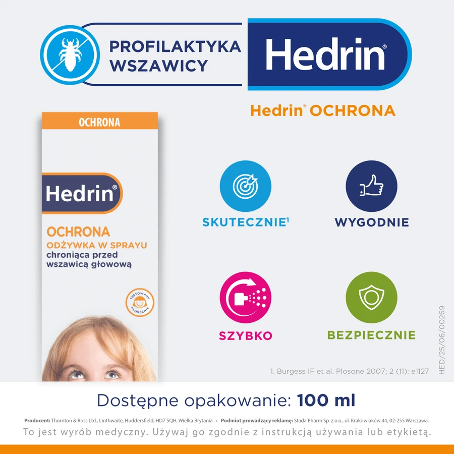 Hedrin Protection, защитный спрей-кондиционер против головных вшей, 100 мл: цены и характеристики
