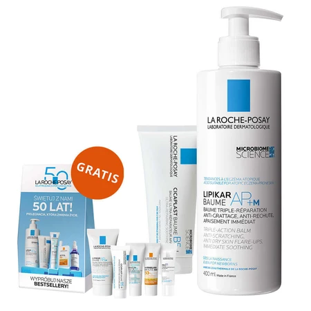 Набір La Roche-Posay Cicaplast Baume B5+, заспокійливий регенеруючий лосьйон, 100 мл + Lipikar Baume AP+M, лосьйон для тіла, від народження, 400 мл + коробка з міні-продуктами безкоштовно: ціни та характеристики