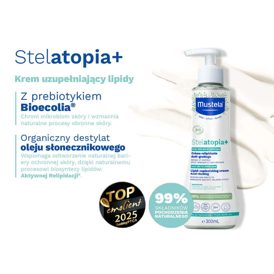 Крем для тіла Mustela Stelatopia+ Organic Lipid-Replenishing Anti-Itching ліпідовідновлювальний, проти свербежу, 2 шт. по 300 мл: ціни та характеристики