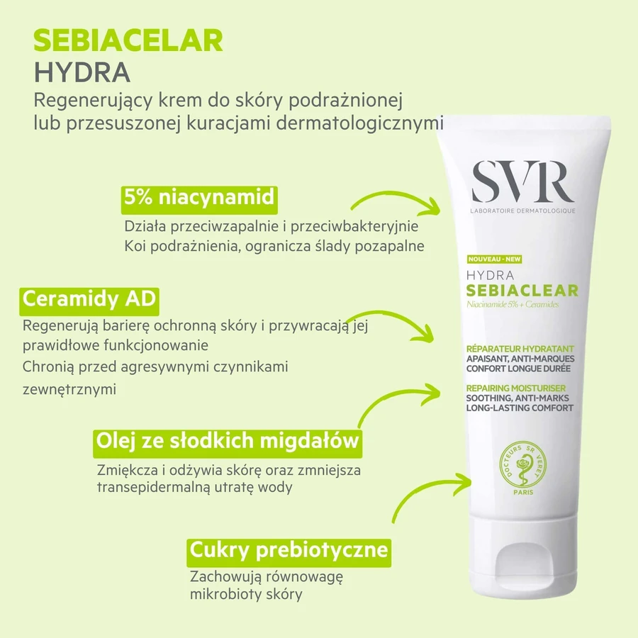 SVR Sebiaclear Creme Hydra, регенеруючий крем для шкіри, схильної до акне, 40 мл + Sebiaclear, гель, 55 мл з косметичкою безкоштовно: ціни та характеристики