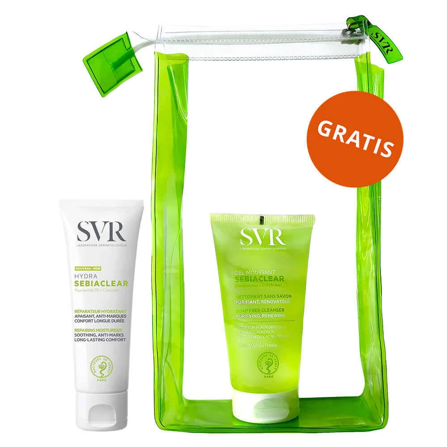 SVR Sebiaclear Creme Hydra, регенеруючий крем для шкіри, схильної до акне, 40 мл + Sebiaclear, гель, 55 мл з косметичкою безкоштовно: ціни та характеристики