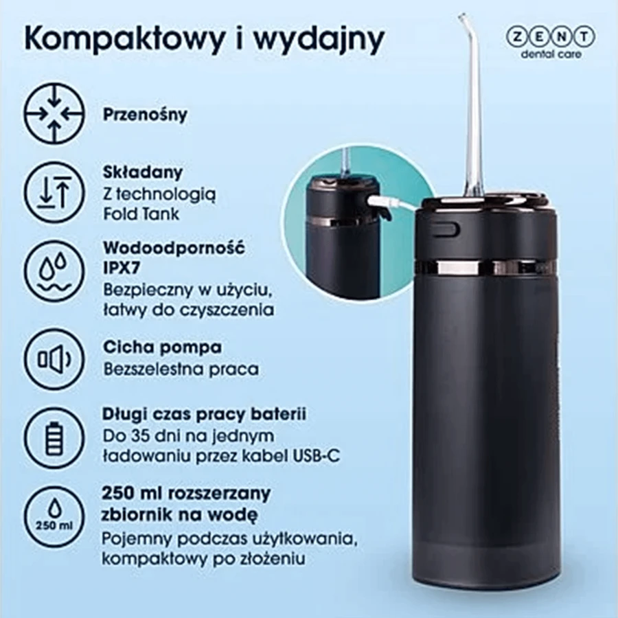 Zent Stream+, іригатор для зубів акумуляторний, складаний, темно-синій, 250 мл: ціни та характеристики