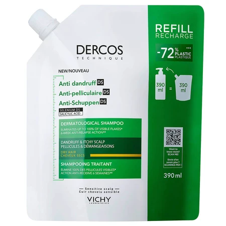 Vichy Dercos Anti Dandruff DS, шампунь проти лупи, сухе волосся, запасний, 390 мл: ціни та характеристики