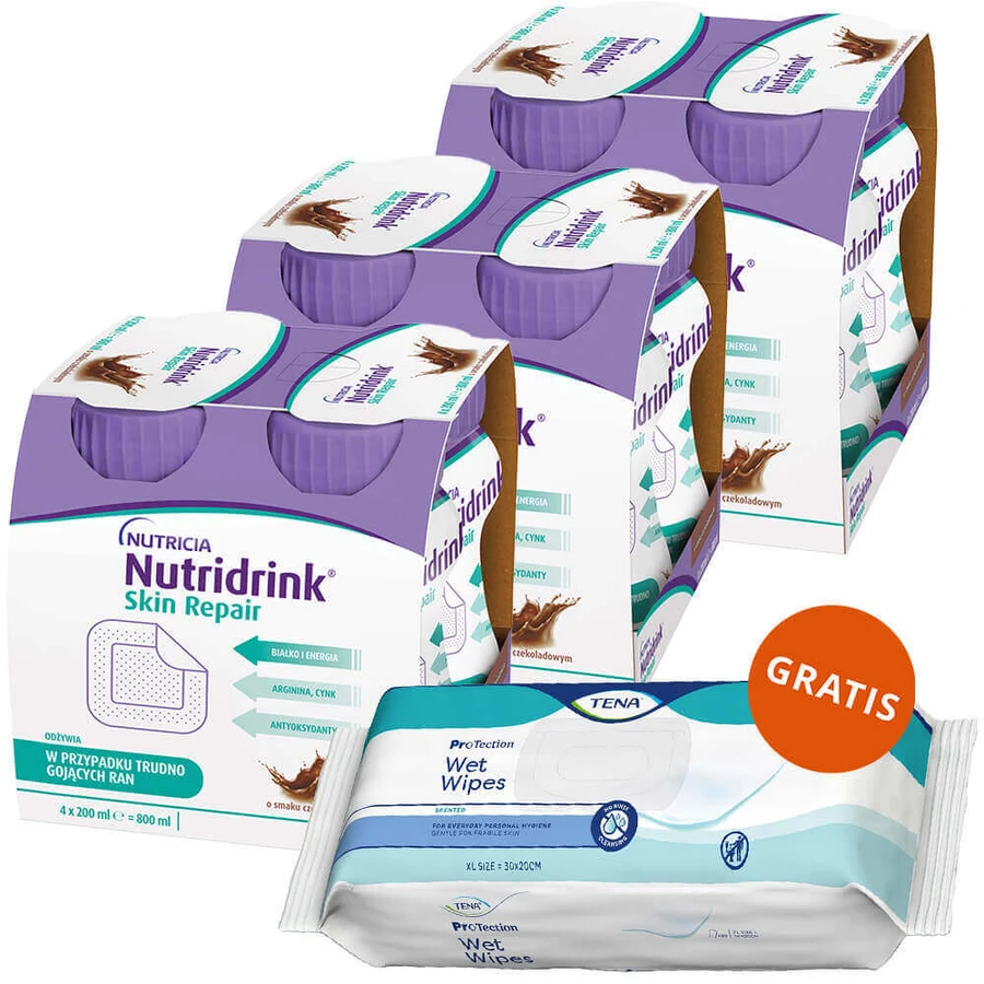 Набір Nutridrink Skin Repair, поживний препарат, зі смаком шоколаду, 12 х 200 мл + Tena Wet Wipes Original, вологі серветки для особистої гігієни, 48 безкоштовно: ціни та характеристики