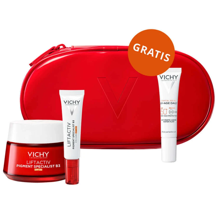 Набір Vichy Liftactiv Pigment Specialist B3, крем для зменшення знебарвлення, SPF 50, 50 мл + крем для шкіри навколо очей, 15 мл + легкий флюїд SPF 50+, 15 мл + косметичка безкоштовно: ціни та характеристики