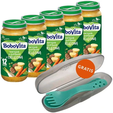 BoboVita Обідній набір, овочі в тарілці з телятиною, після 12 місяців, 5 х 250 г + Canpol, набір столових приборів у футлярі, для дітей, безкоштовно: ціни та характеристики