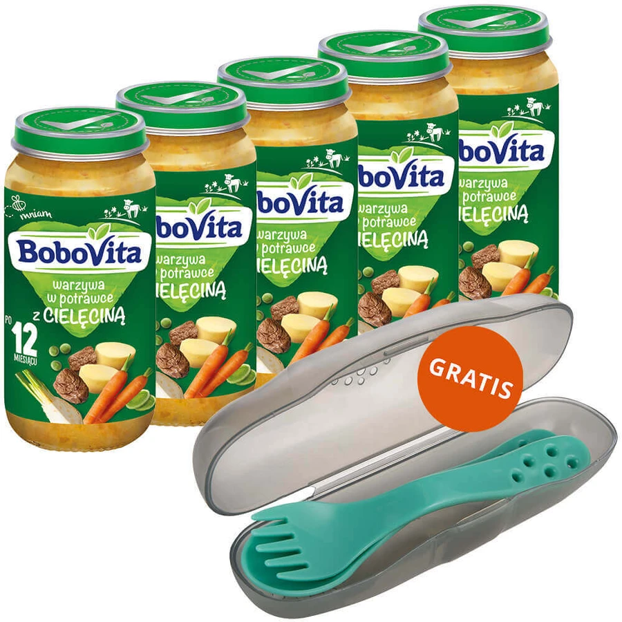 BoboVita Обідній набір, овочі в тарілці з телятиною, після 12 місяців, 5 х 250 г + Canpol, набір столових приборів у футлярі, для дітей, безкоштовно: ціни та характеристики