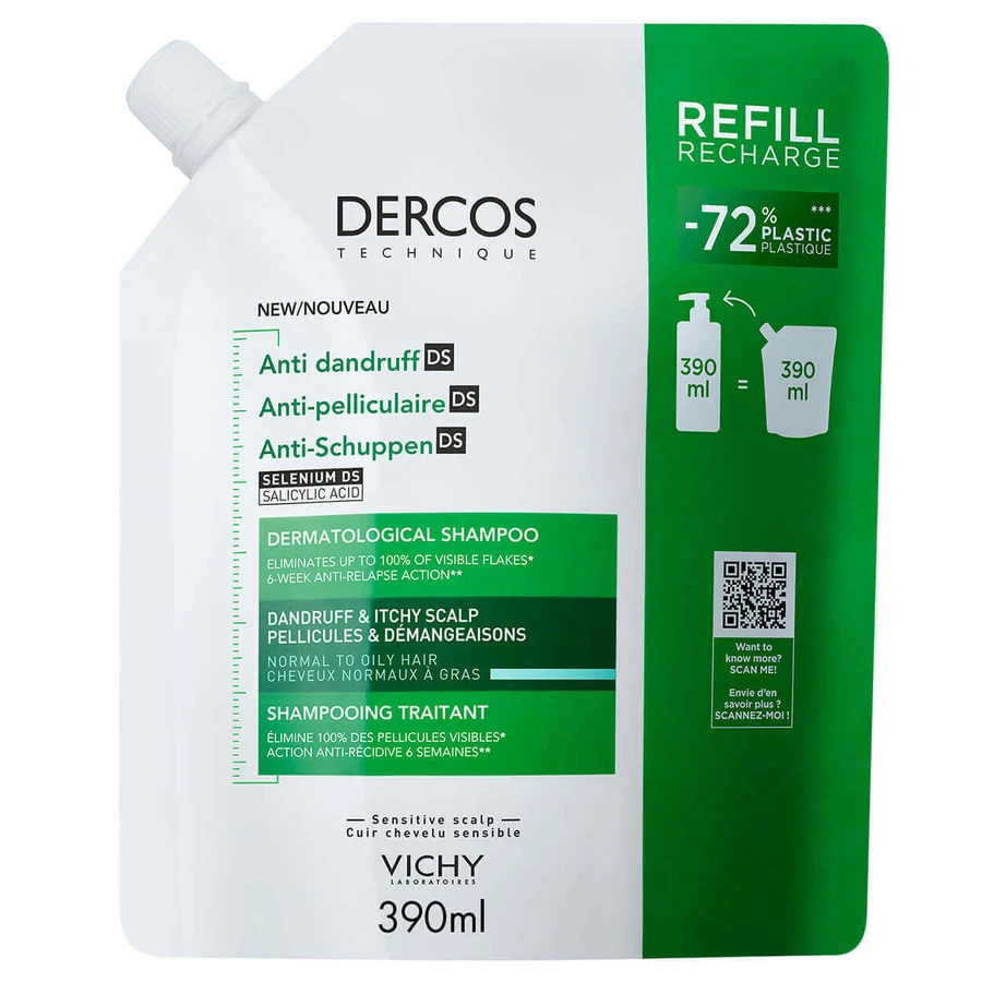 Vichy Dercos Anti Dandruff DS, шампунь проти лупи, для нормального та жирного волосся, запасний, 390 мл: ціни та характеристики