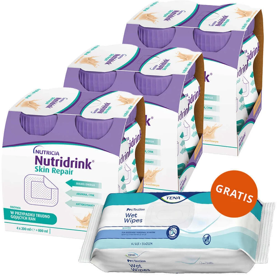 Набір Nutridrink Skin Repair, ванільний аромат, 12 х 200 мл + Tena Wet Wipes Original, вологі серветки для особистої гігієни, 48 безкоштовно: ціни та характеристики
