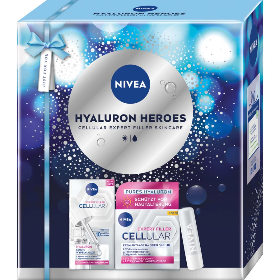 Набір Nivea Hyaluron Heroes, сироватка для обличчя, 15 мл + антивіковий денний крем, SPF 30, 50 мл + помада, 5,2 г: ціни та характеристики