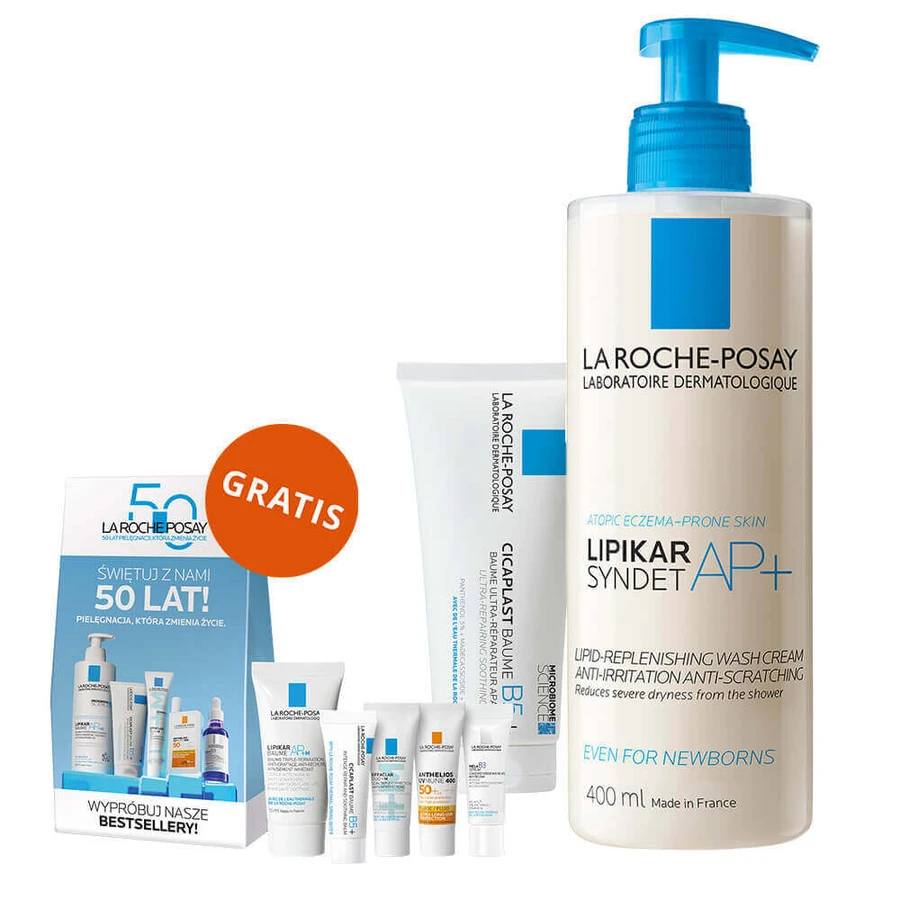 Набір La Roche-Posay Cicaplast Baume B5+, заспокійливий регенеруючий лосьйон, 100 мл + Lipikar Syndet AP+, крем для очищення тіла від народження, 400 мл + міні-коробка продуктів безкоштовно: ціни та характеристики