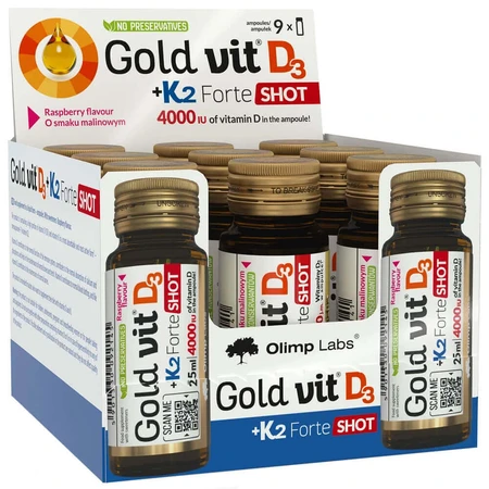 Olimp Gold-Vit D3 + K2 Forte Shot, стеклянная ампула, со вкусом малины, 9 x 25 мл: цены и характеристики