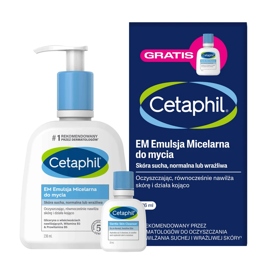 Cetaphil EM, мицеллярная эмульсия для умывания, 236 мл + мицеллярная эмульсия для умывания, мини-продукт, 29 мл бесплатно: цены и характеристики