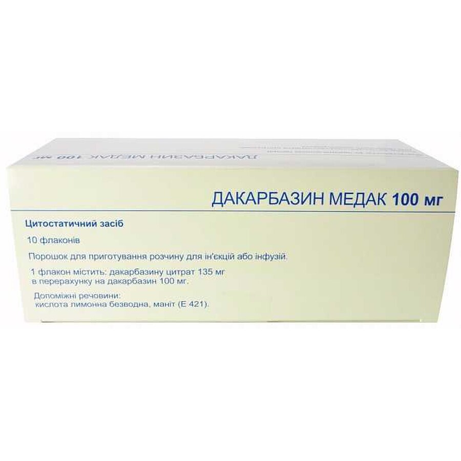 Дакарбазин медак пор. д/п р-ну д/ін. та инф. 100 мг фл. №10: ціни та характеристики