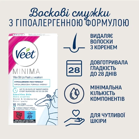 Воскові смужки для депіляції Veet Minima для чутливої шкіри лінії бікіні та області під пахвами 16 шт: ціни та характеристики