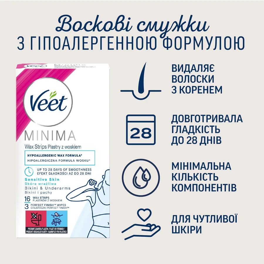 Воскові смужки для депіляції Veet Minima для чутливої шкіри лінії бікіні та області під пахвами 16 шт: ціни та характеристики
