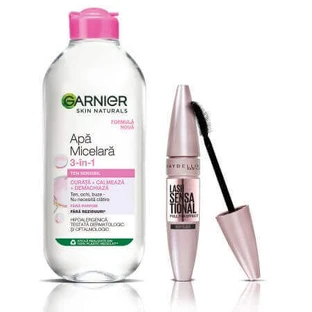Туш для вій Advantage Pack Sensational Lash, дуже чорна + міцелярна вода Garnier для чутливої шкіри, Maybelline