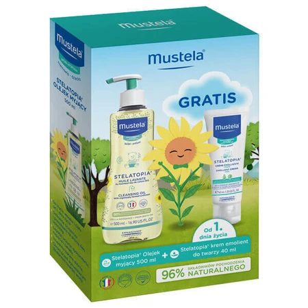 Mustela Stelatopia, очищувальна олія від народження, 500 мл + пом'якшувальний крем для обличчя, 40 мл безкоштовно: ціни та характеристики