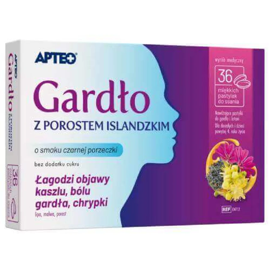Apteo Горло с исландским лишайником, со вкусом черной смородины, 36 пастилок: цены и характеристики