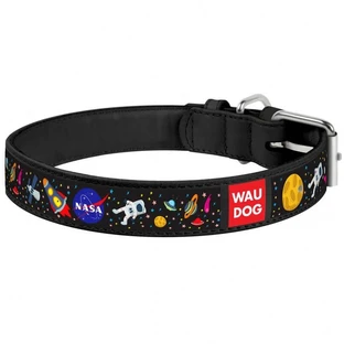 Collar (Коллар) Waudog Design - Нашийник шкіряний для собак з малюнком 'NASA' і QR паспортом 2,5х38-49 см (Чорний)