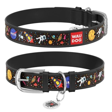 Collar (Коллар) Waudog Design - Нашийник шкіряний для собак з малюнком 'NASA' і QR паспортом 2,5х38-49 см (Чорний): ціни та характеристики