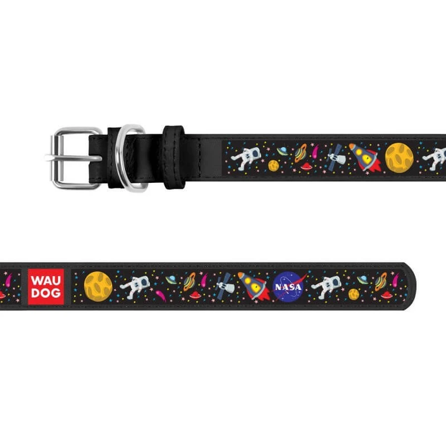 Collar (Коллар) Waudog Design - Нашийник шкіряний для собак з малюнком 'NASA' і QR паспортом 2,5х38-49 см (Чорний): ціни та характеристики