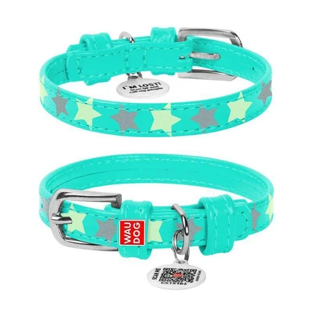 Collar (Коллар) Waudog Glamour – Нашийник шкіряний з QR паспортом для собак, візерунок 'Зірочка' світиться/світловідбиваючий 1,2x21-29 см (Ментоловий): ціни та характеристики