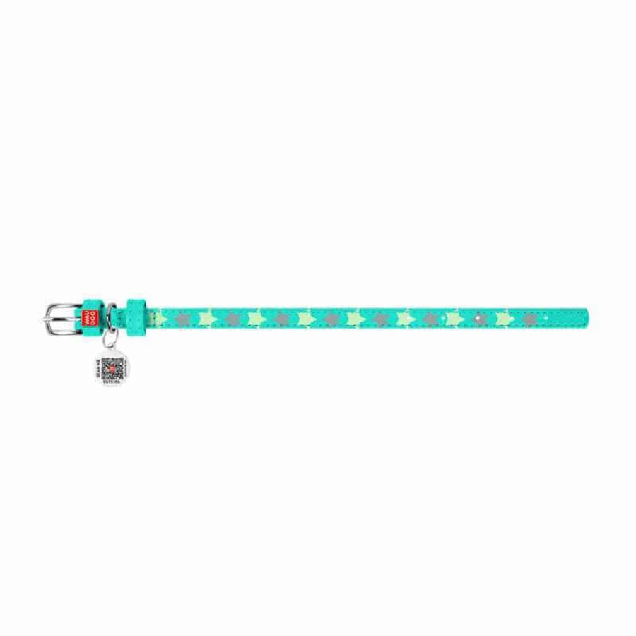Collar (Коллар) Waudog Glamour – Нашийник шкіряний з QR паспортом для собак, візерунок 'Зірочка' світиться/світловідбиваючий 1,2x21-29 см (Ментоловий): ціни та характеристики