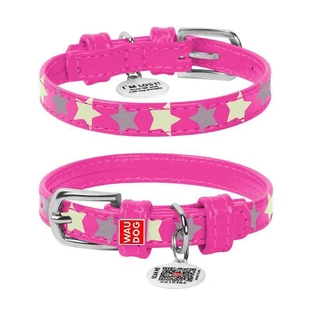 Collar (Коллар) Waudog Glamour – Нашийник шкіряний з QR паспортом для собак, візерунок 'Зірочка' світиться/світловідбиваючий 1,2x21-29 см (Рожевий)