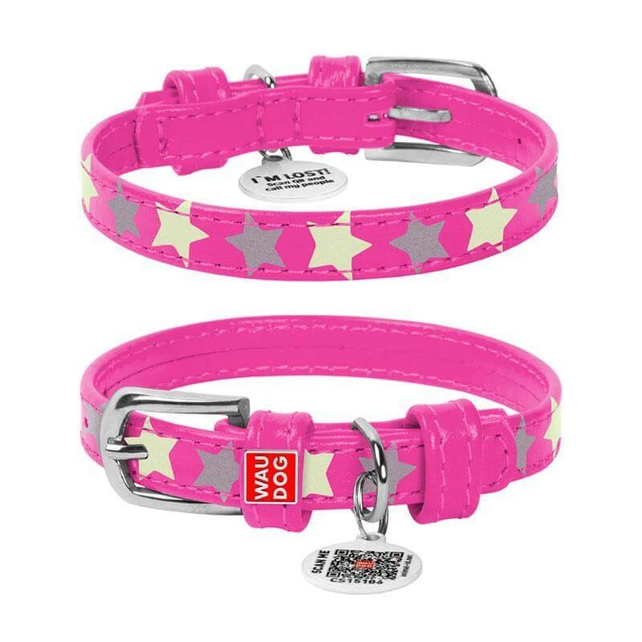Collar (Коллар) Waudog Glamour – Нашийник шкіряний з QR паспортом для собак, візерунок 'Зірочка' світиться/світловідбиваючий 1,2x21-29 см (Рожевий): ціни та характеристики