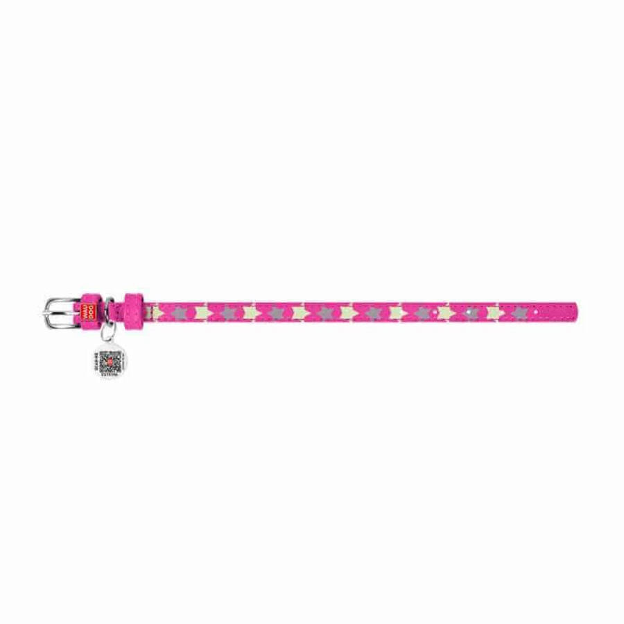 Collar (Коллар) Waudog Glamour – Нашийник шкіряний з QR паспортом для собак, візерунок 'Зірочка' світиться/світловідбиваючий 1,2x21-29 см (Рожевий): ціни та характеристики