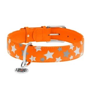 Collar (Коллар) Waudog Glamour – Ошейник кожаный с QR паспортом для собак, узор 'Звездочка' светящийся/светоотражающий 3,5х46-60 см (Оранжевый)