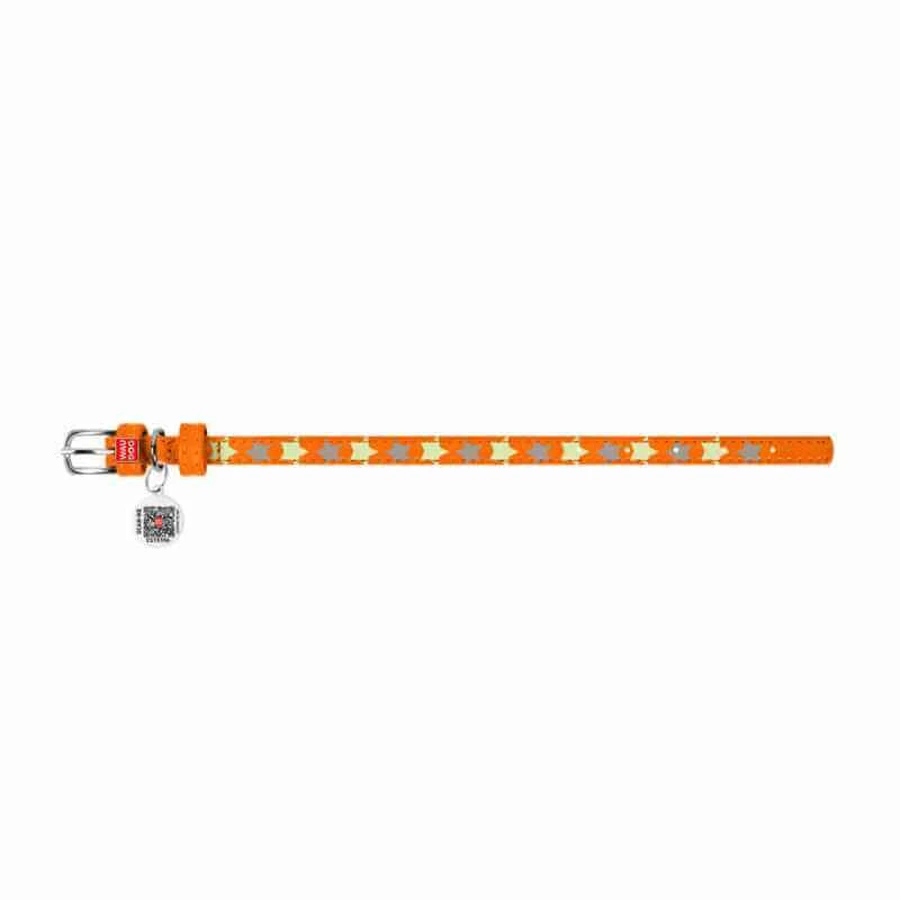 Collar (Коллар) Waudog Glamour – Нашийник шкіряний з QR паспортом для собак, візерунок 'Зірочка' світиться/світловідбиваючий 3,5х46-60 см (Помаранчевий): ціни та характеристики