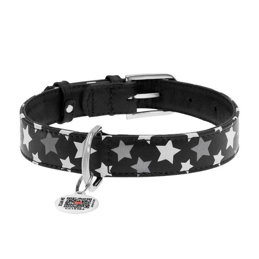 Collar (Коллар) Waudog Glamour – Нашийник шкіряний з QR паспортом для собак, візерунок 'Зірочка' світиться/світловідбиваючий 2x30-39 см (Чорний): ціни та характеристики