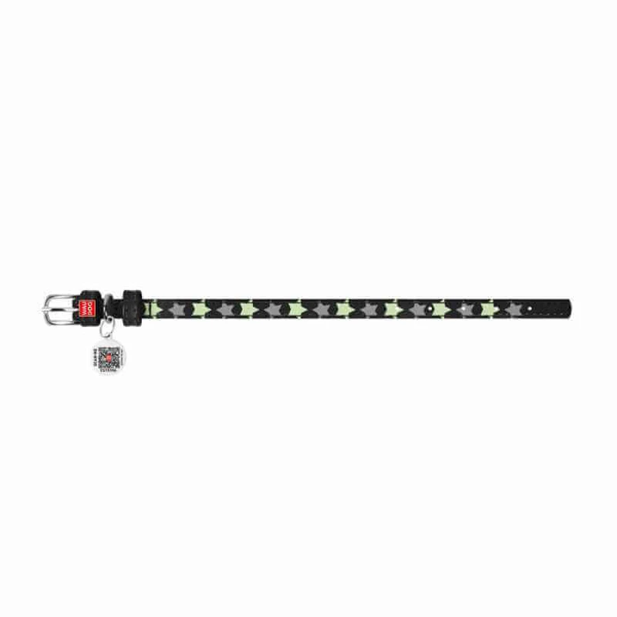 Collar (Коллар) Waudog Glamour – Нашийник шкіряний з QR паспортом для собак, візерунок 'Зірочка' світиться/світловідбиваючий 2x30-39 см (Чорний): ціни та характеристики