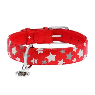 Collar (Коллар) Waudog Glamour – Ошейник кожаный с QR паспортом для собак, узор 'Звездочка' светящийся/светоотражающий 2x30-39 см (Красный)
