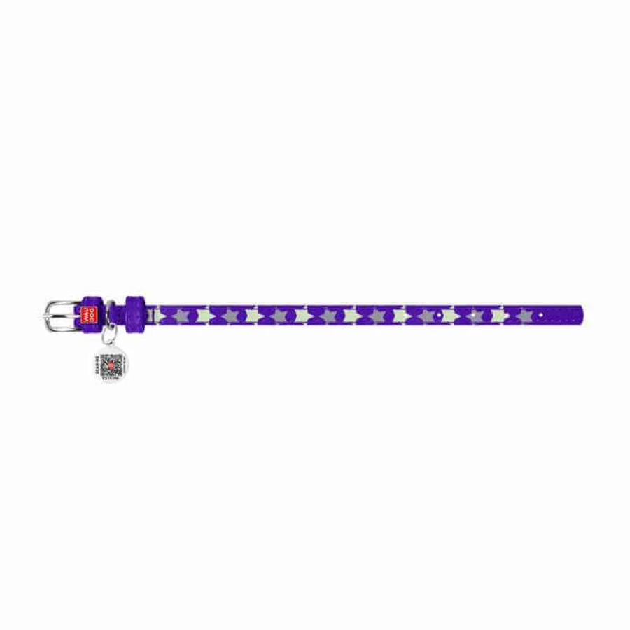 Collar (Коллар) Waudog Glamour – Нашийник шкіряний з QR паспортом для собак, візерунок 'Зірочка' світиться/світловідбиваючий 2x30-39 см (Фіолетовий): ціни та характеристики