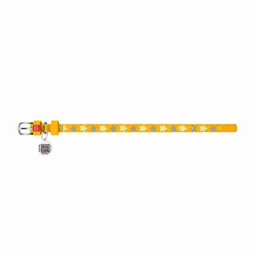 Collar (Коллар) Waudog Glamour – Нашийник шкіряний з QR паспортом для собак, візерунок 'Зірочка' світиться/світловідбиваючий 1,2x21-29 см (Жовтий): ціни та характеристики