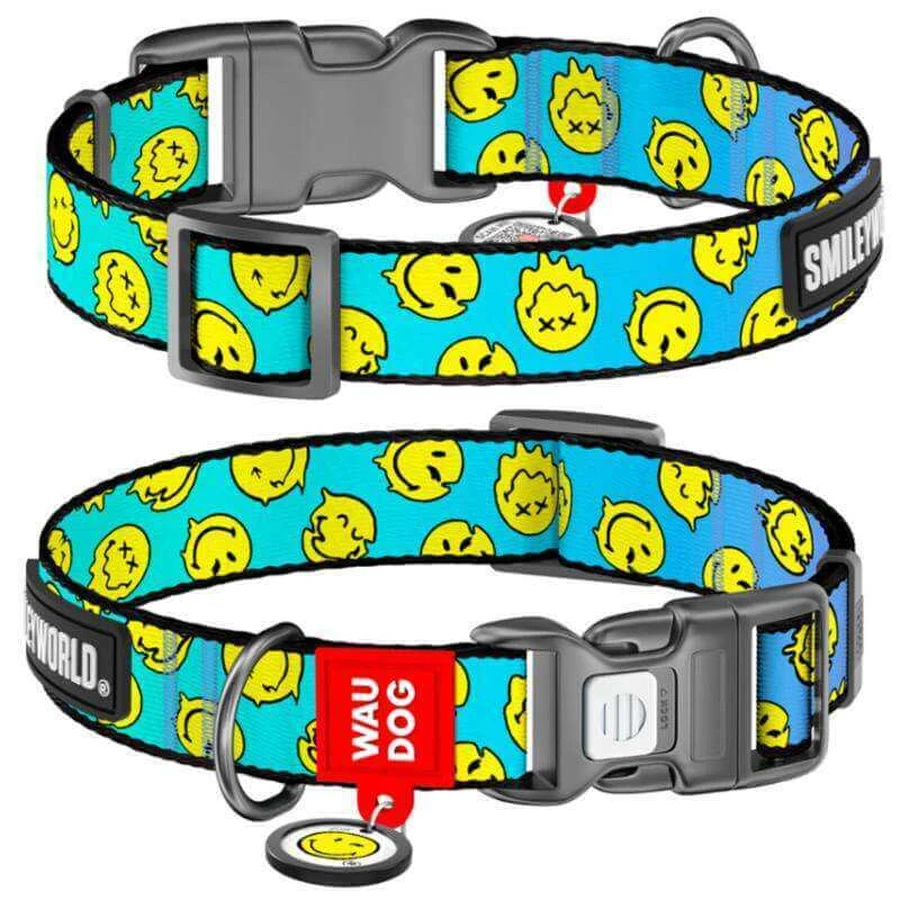 Collar Waudog Nylon - Нашийник нейлоновий з малюнком "Смайли на блакитному" і QR паспортом для собак S (1,5х25-35 см) (Різнокольоровий): ціни та характеристики