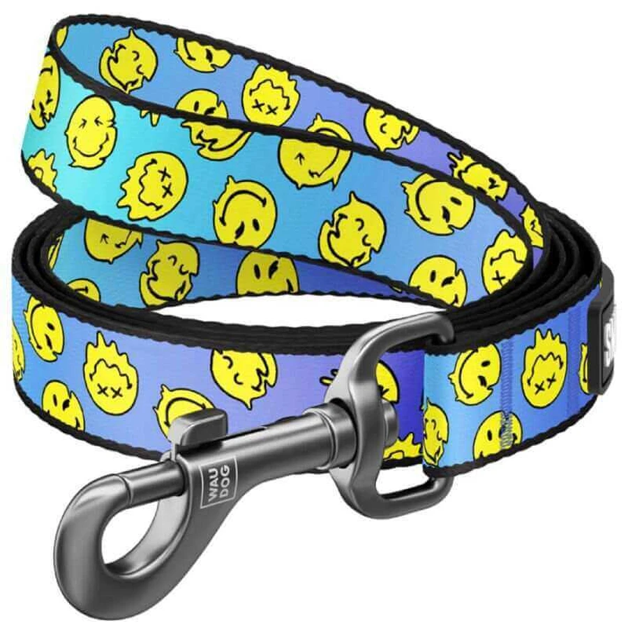 Collar Waudog Nylon - Повідець нейлоновий з малюнком "Смайли на блакитному" для собак М (2х122 см) (Різнокольоровий): ціни та характеристики