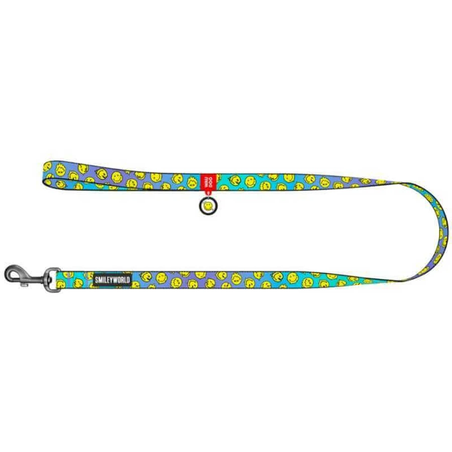 Collar Waudog Nylon - Повідець нейлоновий з малюнком "Смайли на блакитному" для собак М (2х122 см) (Різнокольоровий): ціни та характеристики