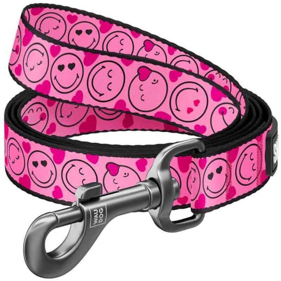 Collar Waudog Nylon - Повідець нейлоновий з малюнком "Смайли на рожевому" для собак М (2х122 см) (Різнокольоровий): ціни та характеристики