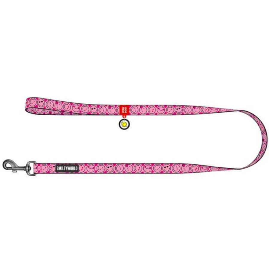 Collar Waudog Nylon - Повідець нейлоновий з малюнком "Смайли на рожевому" для собак М (2х122 см) (Різнокольоровий): ціни та характеристики