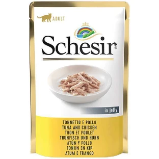Schesir Tuna & Chicken Консервированный корм с мясом тунца и куриным филе для взрослых кошек (кусочки в желе), 85 г