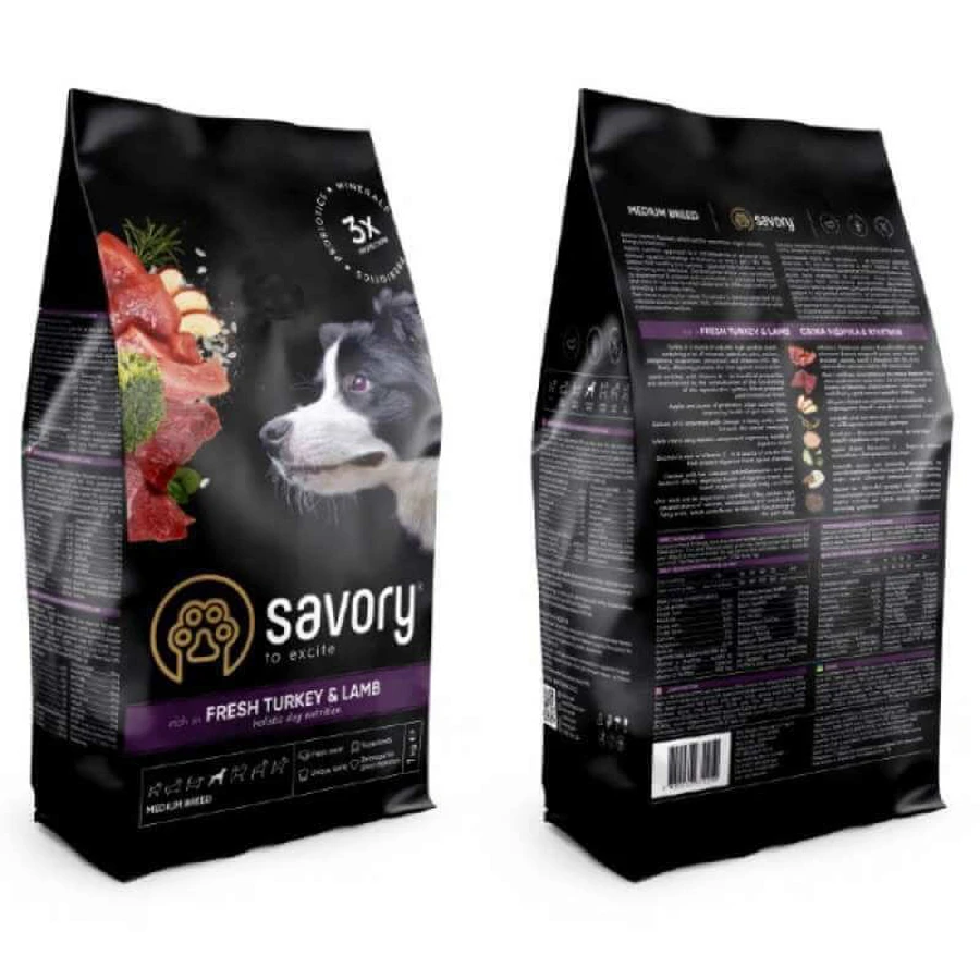 Savory Fresh Turkey & Lamb Adult Medium Breeds Сухий корм зі свіжого м'яса індички і ягняти для дорослих собак середніх порід, 1 кг: ціни та характеристики