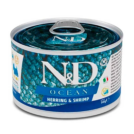 Farmina (Фарміна) N&D Ocean Herring & Shrimp Adult Mini – Беззерновий консервований корм з оселедцем, тріскою, тунцем і креветкою для дорослих собак дрібних порід 140 г: ціни та характеристики