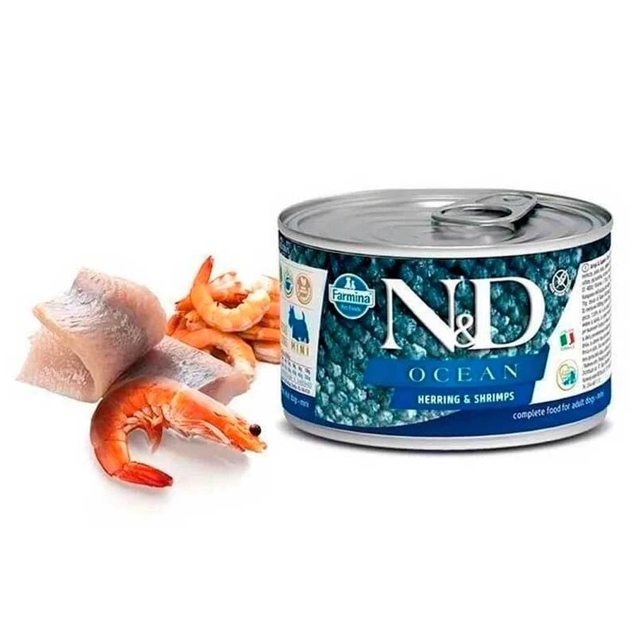 Farmina (Фарміна) N&D Ocean Herring & Shrimp Adult Mini – Беззерновий консервований корм з оселедцем, тріскою, тунцем і креветкою для дорослих собак дрібних порід 140 г: ціни та характеристики